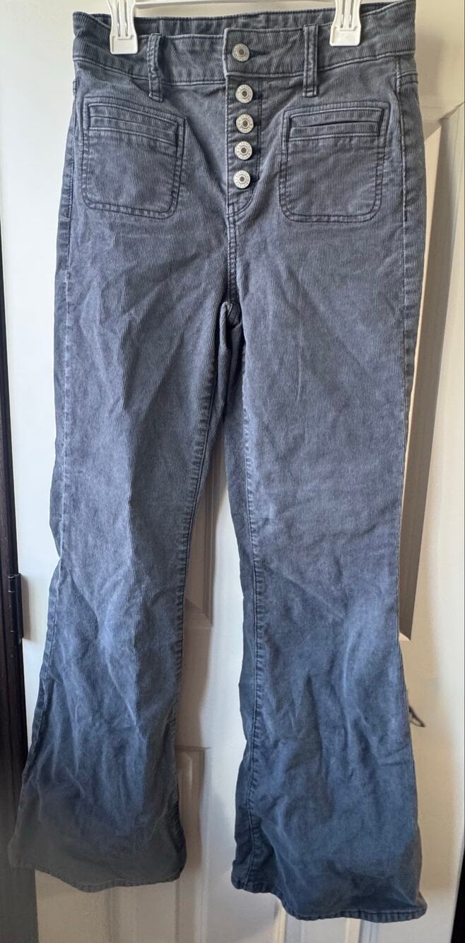 Y2K American Eagle Gray Corduroy Flare Pants Button Fly High Waist Size 0 Reg
